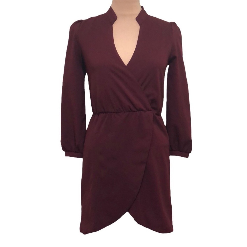 Tobi Dress Size Small Maroon Red Long Sleeve Faux Wrap Tulip Hem